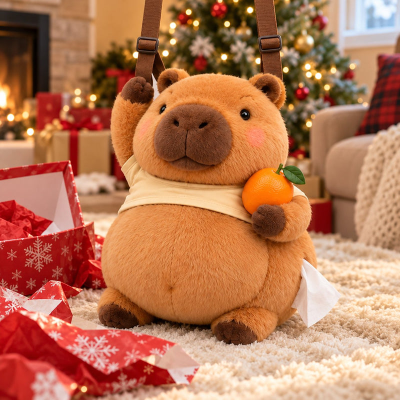 Cheeky Capy next to a red gift box by a Christmas tree