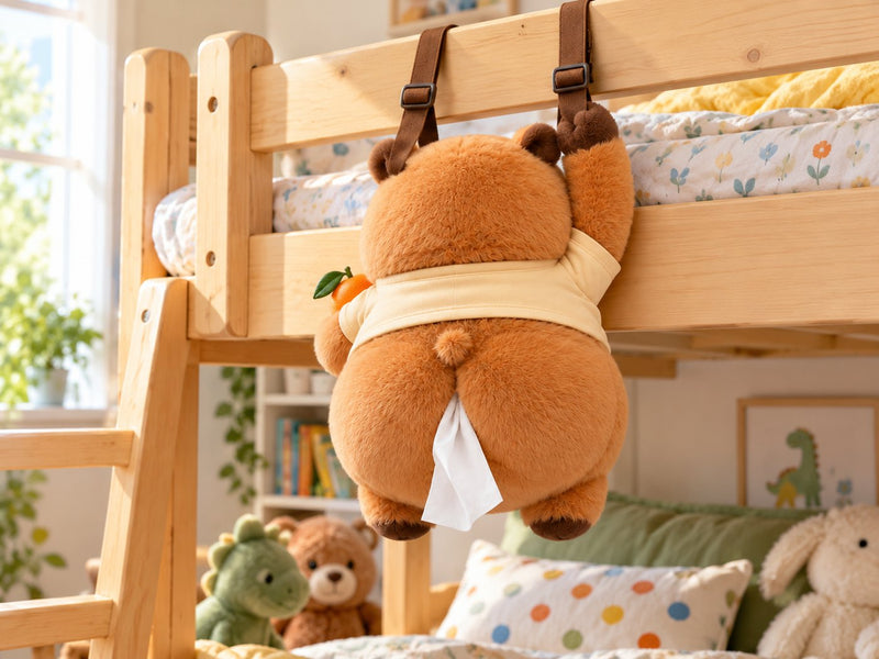 Cheeky Capy hanging on a bunk bed rail in a kid's bedroom