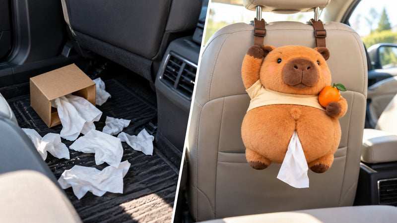 A spilled tissue box on the car floor next to Cheeky Capy hanging neatly on the headrest