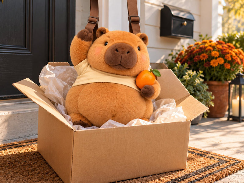 Cheeky Capy peeking out of a shipping box on a front porch