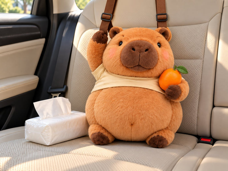 Capy on a car seat next to a pack of tissues