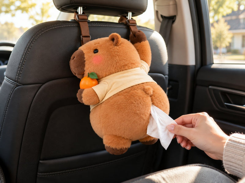 A hand pulling a tissue from Capy's tush in the car