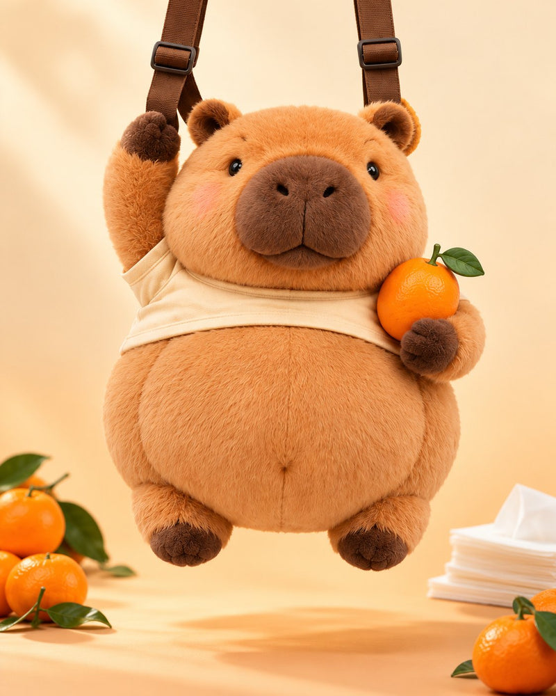 Front view: capybara in a cream tee holding an orange, hanging from brown straps